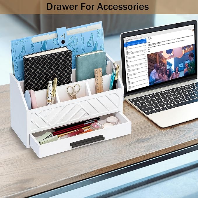 dreampossible Wood Desk Organizer and Accessories with Drawer, Bill Mail Organizer and File Mail Holder for Office Supplies, Modern Desk Accessories & Workspace Organizers for Desk Organization