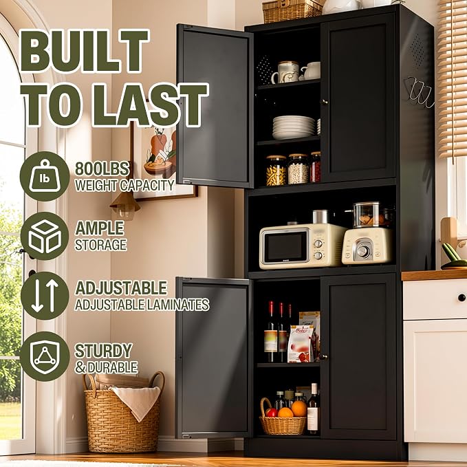 AQY Kitchen Pantry Cabinet,72" Black Pantry Cabinet 3-Tier Adjustable Shelves 4 Doors, Freestanding Cupboard with Microwave Stand, Metal Cabinet with Handle for Living Room Kitchen Assembly Required