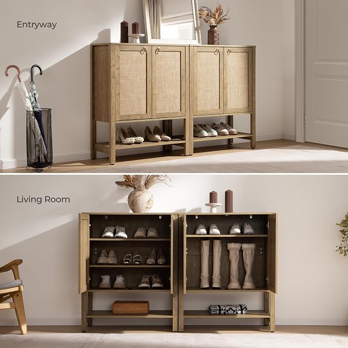 SICOTAS Shoe Storage Cabinet for Entryway, 5 Tier, 2 Pieces | Rattan Entry Shoe Organizer Cabinet with Shelves & Doors, Boho Shoe Rack for Hallway, Living Room, Closet (Carbon Cherry)