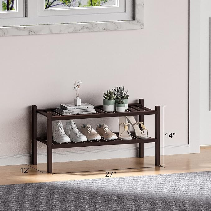 ROMGUAR CRAFT 2 Tier (Thick) Bamboo Shoe Rack for Closet Free Standing Wood Shoe Shelf for Entryway Small Space Stackable 27"x12"x14" (Black Brown)