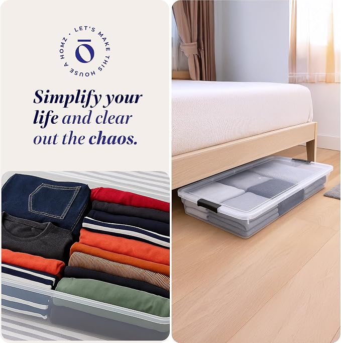 HOMZ 2-Pack Under Bed Storage Containers with Wheels - Home Organization Clear Plastic Storage Bins with Lids and Secure Latches - Durable, Stackable & Low-Profile, 60 Quart | Stackable Underbed Container Set for Shoes, Bags, Clothes, and Towel Organiz...