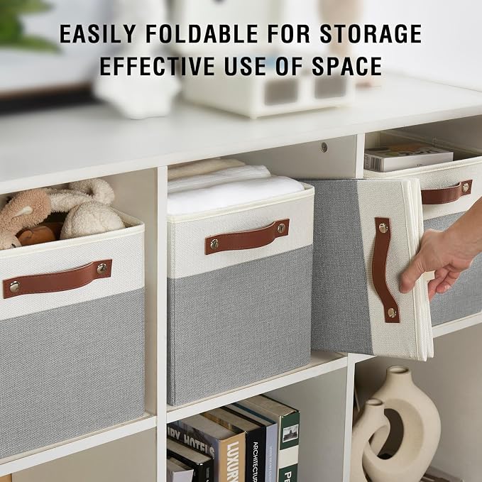 Bagnizer Collapsible Fabric Storage Cube Bins with 2 Reinforced PU Handles, Foldable Storage Organizer Baskets for Closet, Shelves, Living Room | 11"x11"x11", 4 Pack, Gray & White
