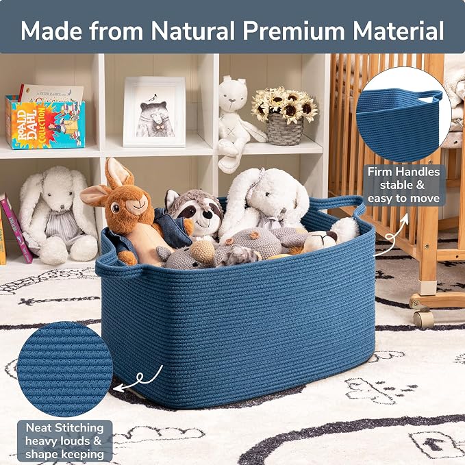 Goodpick Large Cotton Rope Blanket Basket, Rectangle Organizer, Dark Blue | 21.6 x 14.9 x 11.8 in, Reinforced Handles, Living Room, Bedroom & Nursery Organization, Blankets, Towels & Toys Storage