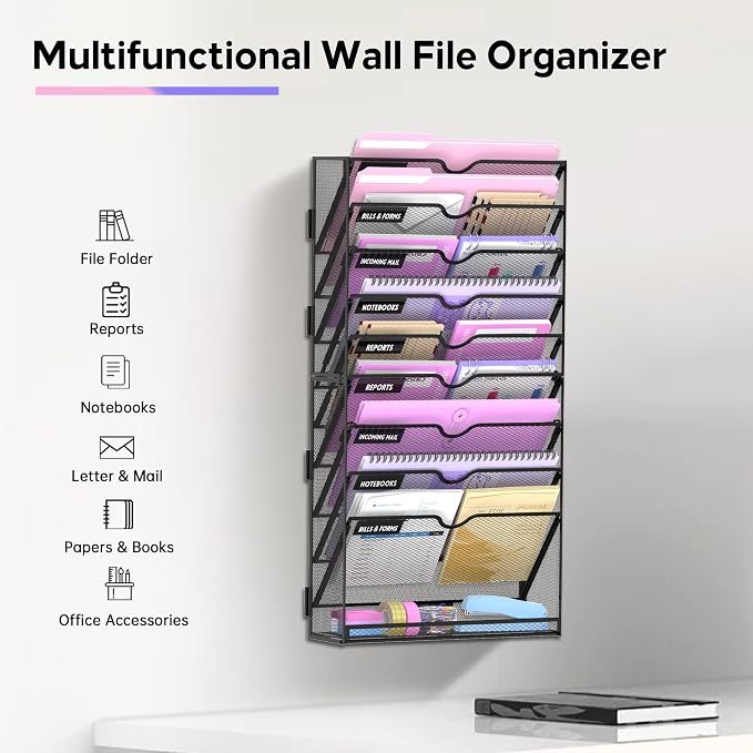 10-Tier Wall File Organizer with Base, Wall Mounted File Holder | Vertical Hanging File Organizer with Open Compartments and Label Holders for Mail, Folders and Paperwork at Home or Work