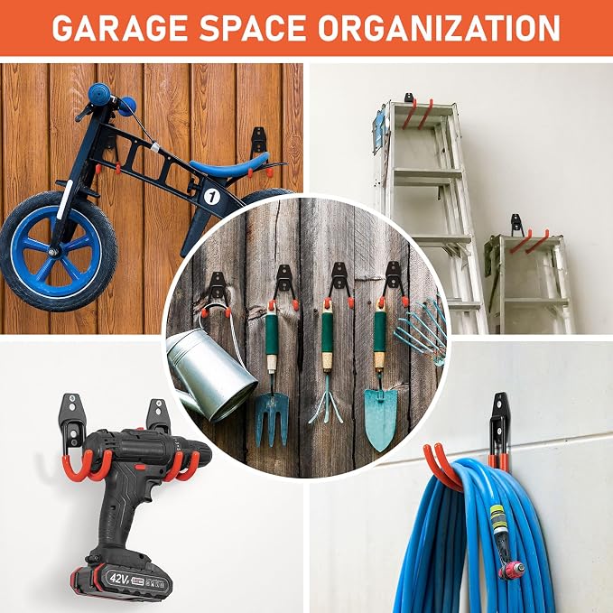 Garage Hooks, Anti-Slip Heavy Duty Wall Mount Hooks, 42-Pack | Hanging Storage for Bikes, Ladders, Hoses, Ropes, Garden Tools - For Warehouse, Workshop, Shed, Shop, Yard