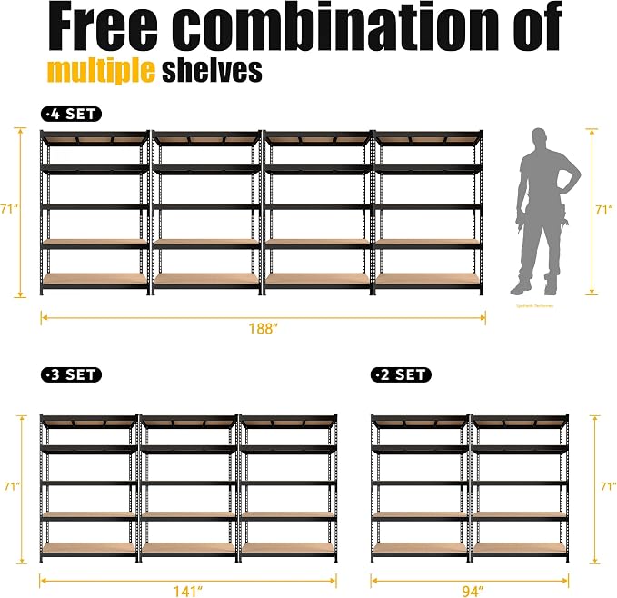 PrimeZone 47"W x 18"D x 72"H Garage Storage Shelves, 5-Tier Metal Shelving | 2250 LBS Capacity, Heavy-Duty Metal Frame, FSC MDF Boards, Boltless Assembly, Adjustable Shelves for Warehouse, Basement 3PCS