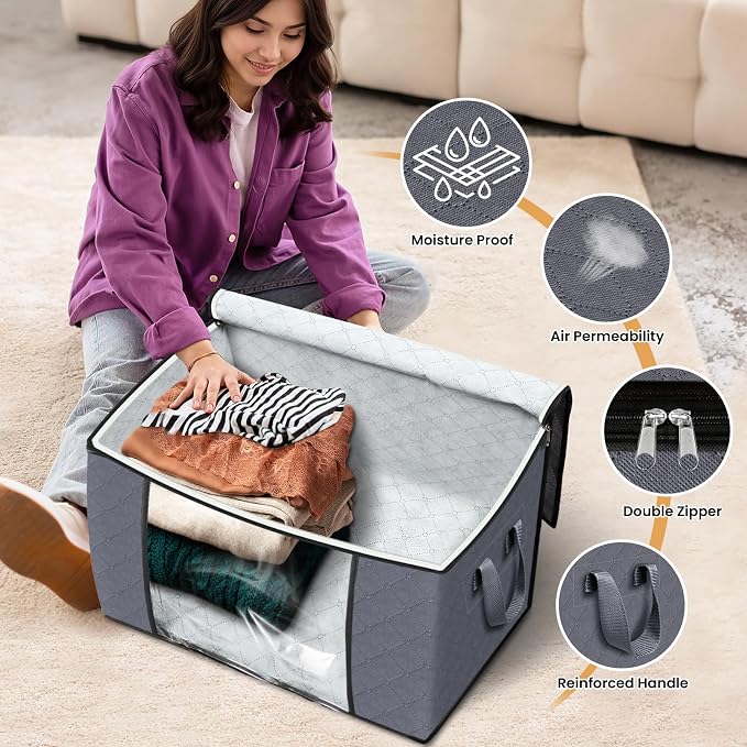 Fab totes 24 Gallons Clothes Storage, Foldable Thick Fabric Blanket Storage Bags, Containers for Organizing Bedroom, Closet, Clothing, Comforter, Organization with Handle (10 Pack,Grey)