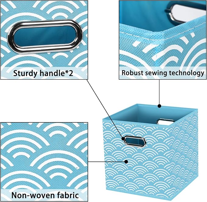 Fabric storage bins Cubes, Fabric Cube Organizer with Handle, Foldable Cube Bins for Cloth or Accessary Storage, 11x11x11, Set of 3, (Blue clouds)