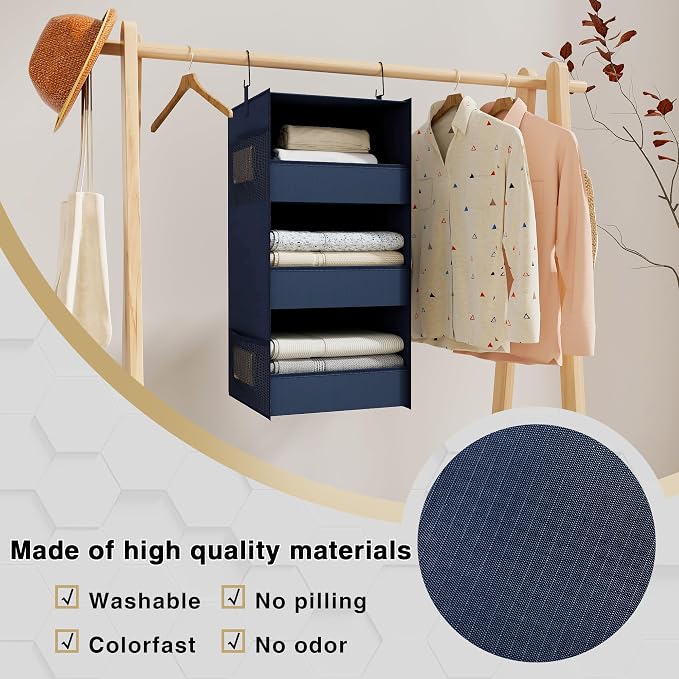3-Shelf Hanging Closet Organizer and Storage, Foldable Hanging Closet Shelves Front Lip Design Washable Hanging Storage, Navy Blue