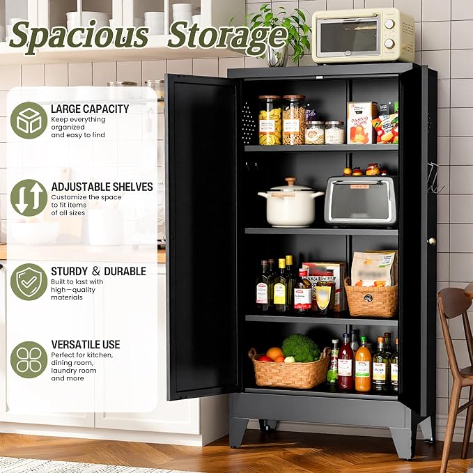 AQY Kitchen Pantry Cabinet,47" Black Pantry Storage Cabinet with 5 Tier Adjustable Shelves and 2 Doors,Freestanding Cupboard,Metal Pantry Cabinets with Handle for Living Room Kitchen Assembly Required