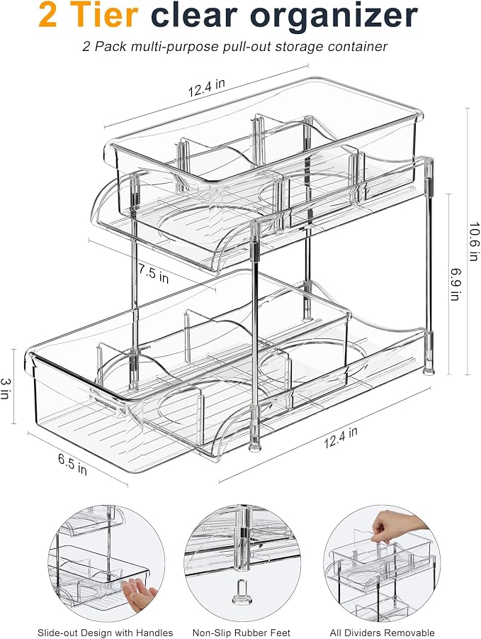 Sevenblue 2-Pack 2-Tier Under Sink Organizers with Sliding Drawers | Multi-use kitchen & bathroom storage, 10.6 inch clear cabinet organizer, space-saving sliding drawer design.