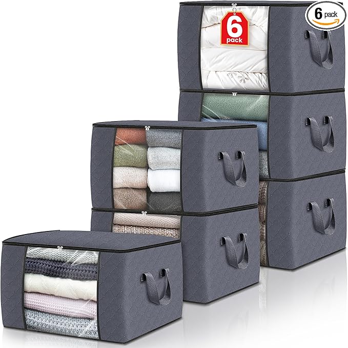 Fab totes 6 Pack Storage Bags for Clothes and Blanket, Foldable Closet Organizers and Storage with Zippers, Clear Window and Handles, Fabric Storage Bins for Sweater, Comforter, Bedding,Linen Sheets