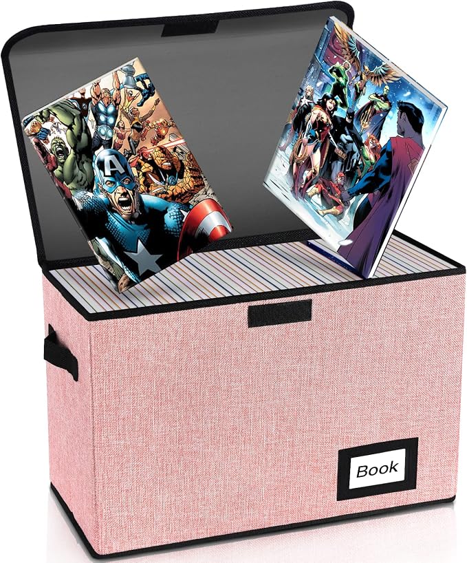Collection Comic Book Storage Box 15.8" X 7.8" X 11.8", Collapsible Comic Short Box, Holds 160-180 Comic Book, Heavy Duty Bin Container Holder Shelf Protector Organizer (Pink)