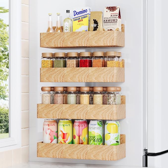 Mystozer Magnetic Spice Rack for Refrigerator, Kitchen Organizer and Storage Shelf, Woodgrain (4 Pack)…
