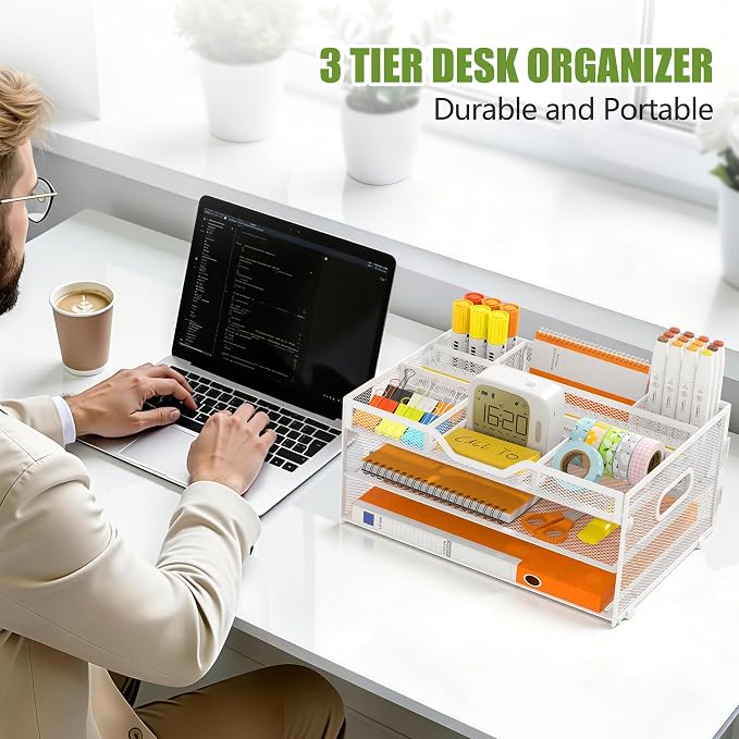 3 Tier Metal Desk Organizer with Magazine File Holder, White | Space saving workspace desk file trays. Includes pencil holder and portable handles. Ideal for school and office supplies