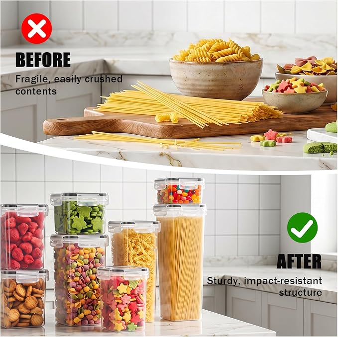 15PC Pantry Storage Containers, Airtight Food Storage Containers with Lids, BPA Free Kitchen and Pantry Organization and Storage Set for Pasta, Dry Food, Flour and Sugar, Cereal