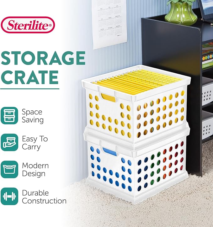 Sterilite Storage Crate Bin File Organizer for Home & Office, White, 6-Pack | Heavy-Duty and Stackable Plastic Boxes and Containers for Desk, Cabinet, Dorm, Garage, or Utility Organization