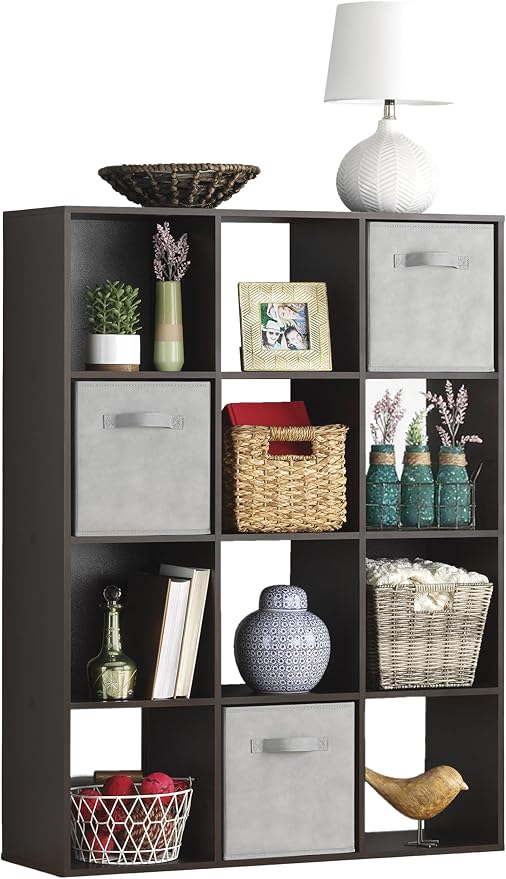 Whitmor 12 Cube Storage Organizer, 4 Tier Stackable Mdf Wood Bookcase, Open Storage Display Bookshelf, Storage Cabinet for Living Room, Bedroom, Home, Office, 35.1"L x 11.7"W x 47.5"H, Espresso