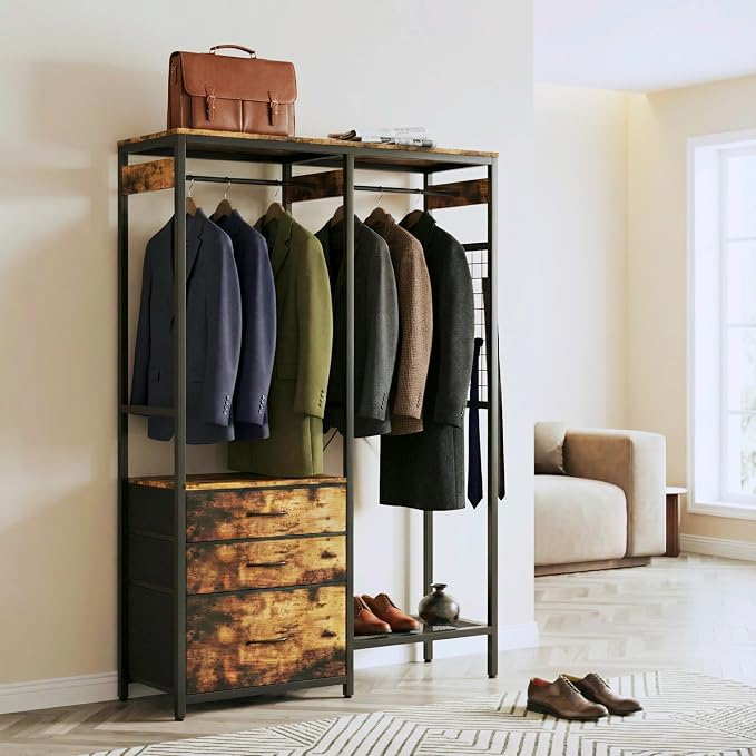 Heavy Duty Clothes Rack with 3 Drawers & LED Light, Garment Rack with 3 Shelves, Free Standing Wardrobe Organizer with 8 Hooks for Bedroom, Small Space, Garming Room（37.8"W x 66.93"H, Rustic Brown）