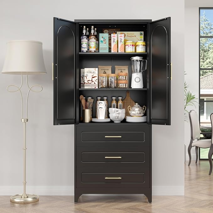 SteeLoong 75”Kitchen Pantry Cabinet, Metal Storage Cabinet with 3 Drawers | Black Pantry Cabinets for Kitchen Storage with 2 Adjustable Shelves,Tall Freestanding Cupboard for Living Room,Kitchen,Garage