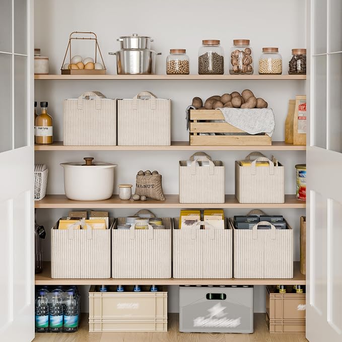 StorageWorks Storage Bins, Fabric Storage Bins for Shelves, Storage Baskets with Metal Frame, Closet Baskets and Bins with Handles, Khaki and Beige Stripes, 2-Pack