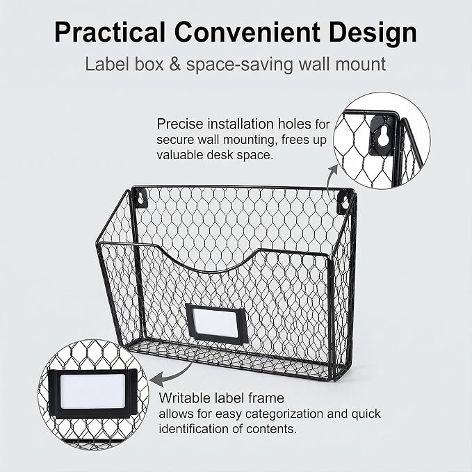 3 Pockets Hanging File Holder Wall Mount Mail Organizer Metal Chicken Wire Magazine Rack with Tag Slot, Black