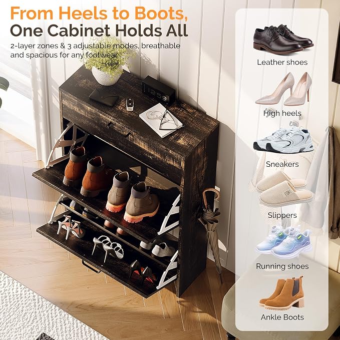 VINGLI Shoe Cabinet Storage for Entryway,Rustic Small Narrow Shoe Rack,25"W | 8–12 Pairs,Skirting Board Cutout,Drop-Down Drawer,9.4"D Slim,Dark Rustic Oak,2 Flip Drawers,Adjustable & Removable Shelf