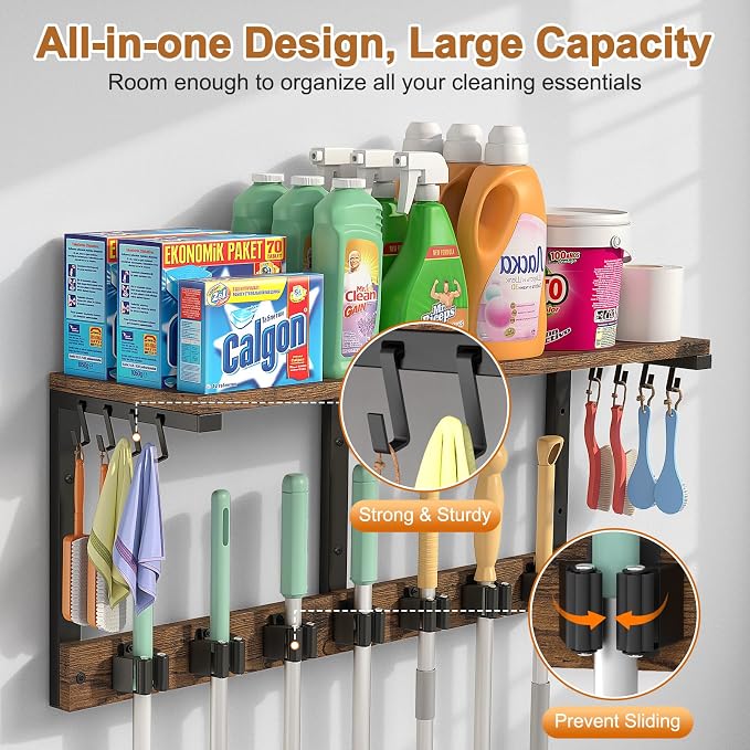 Housolution Wall Mount Broom Holder Laundry Room Storage Organizer Shelves | Thickened Metal Frame, 100 LBS High Load-Bearing, Large Capacity, Multifunctional with 7 Grippers & 8 Hooks