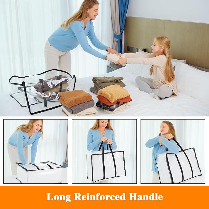 3 Pack Clear Storage Bags for Clothes Blanket Comforter & Bedding | 40L Plastic Storage Bag with Zipper, Foldable Closet Organizer, Moving Bags, Under-Bed Storage