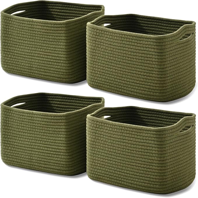 ICERZCZ Storage Basket for Shelves, Small Baskets for Organizing, Woven Cotton Rope Baskets for Storage, Book Basket, Decorative Shelf Basket, 12.5"Lx9.1''Wx7.9''H (4 Packs) Green