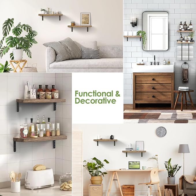 Towel Racks for Bathroom-Wall Mounted Floating Shelves for Wall Bathroom Bedroom Kitchen Living Room, Hanging Book Shelves Decor Bathroom Organizer, 16 inch Solid Wood, Carbonized Wood Color