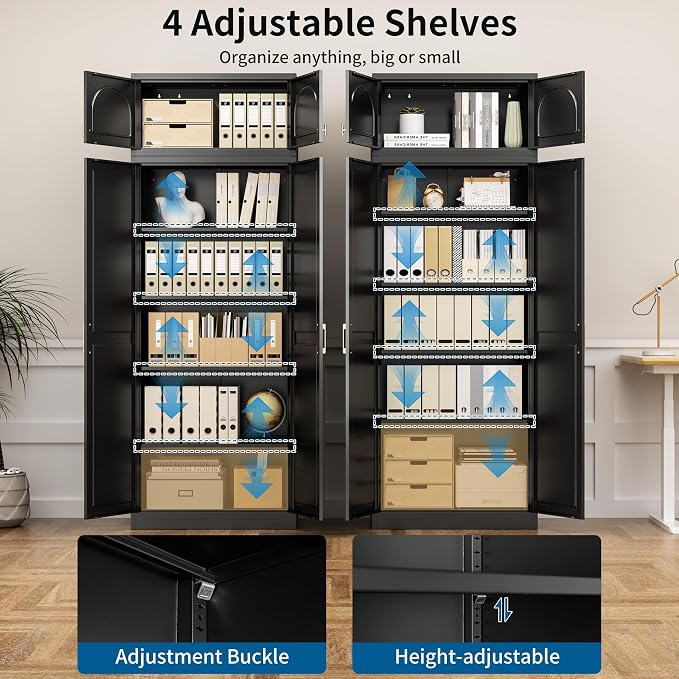 86" Tall Metal Kitchen Pantry Storage Cabinet with Doors | Extra Large Heavy Duty Steel Cabinet, 4 Adjustable Shelves, Easy-Access Gold Handles, Black, 2 Packages, Home Office