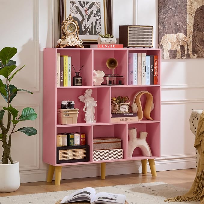 LEYAOYAO 8 Cube Bookshelf,Mid-Century Modern Bookcase with Legs,Light Pink | 3 Tier Book Shelf,Rustic Wood Bookshelves Freestanding Large Storage Organizer, Open Shelves for Bedroom, Living Room, Office