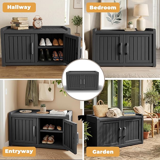 ROJIK Outdoor Shoe Storage Bench, Shoe Cabinet Double Door, Black | Waterproof UV-Resistant,Storage Bench Indoor Outdoor with Adjustable Shelves,for Entryway Bedroom,Hallway,Living Room