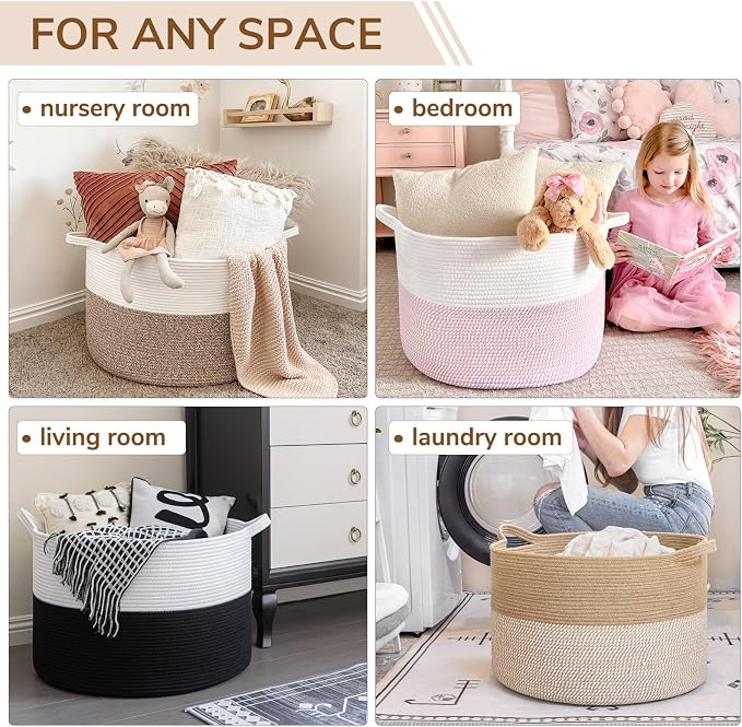 INDRESSME XXXLarge Woven Wicker Blanket Basket Living Room White Jute, 90L | Wicker baskets for organizing shoe, dog toys & pillows. For living room bedroom or nursery decor. soft-touch with handles