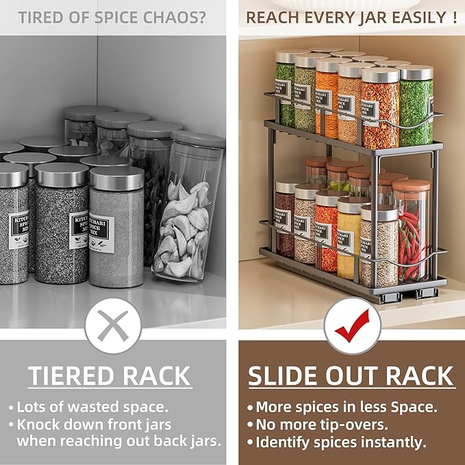 Bunoxea Pull Out Spice Rack 2 Pack,Slide Out Cabinet Spice Rack,Black | 2-Tier Rack, Full Extension Ball Bearing Glides, 10.7"Dx4.8"Wx8.85"H, Kitchen Pantry,Narrow Cabinet Spice Storage Organizer