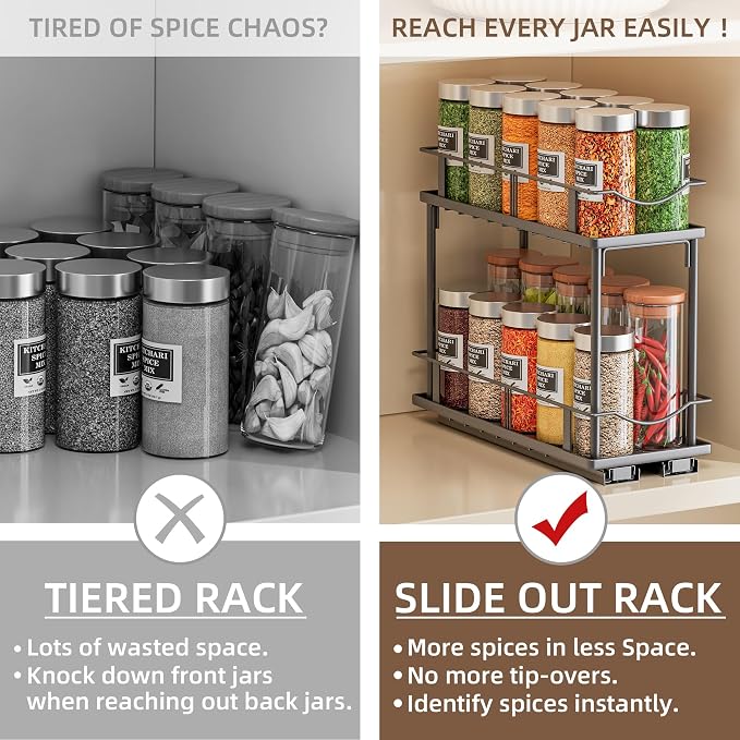 1 Packs Pull Out Spice Rack Organizer for Cabinet, 2-Tier Slide Out Seasoning Organizer, Narrow Cabinet Spice Rack, 10.7" Dx4.8 Wx8.85 H, Full Extension Ball Bearing Glides, Kitchen Pantry Organizer