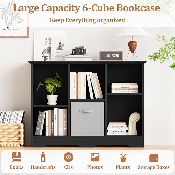 6 Cube Storage Organizer Shelf, Wood Cubby Storage with 3 Fabric Drawers | 2 Tier Wooden Bookshelf with 2 Adjustable Shelves, Fluted Side Panels Bookcase for Bedroom, Living Room, Home Office, Black
