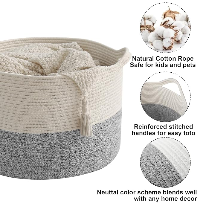 90L Extra Large Blanket Basket,Woven Rope Laundry Basket-White&Grey | Collapsible, reinforced handles, nursery storage bin organizes clothes, toys and pillows for living room, bedroom bathroom