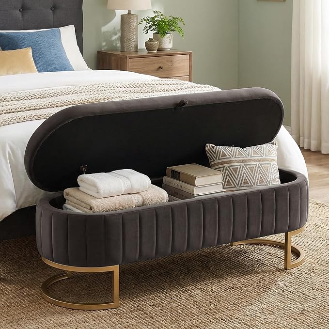 65" Velvet Storage Ottoman Bench End of Bed for Bedroom Entryway Dark Grey