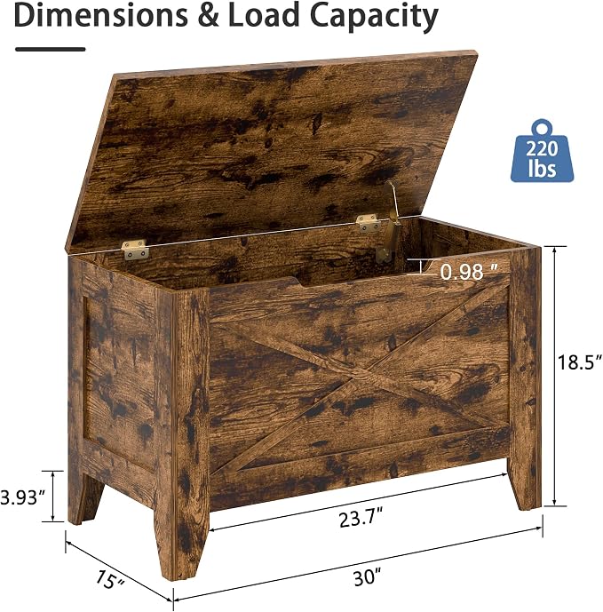 VECELO 30" Storage Chest with Lift Top Storage, Farmhouse Style Ottoman with Handwoven Wicker Cushion, Safety Hinges, Ideal for Entryway, Bedroom, Living Room, Walnut Brown