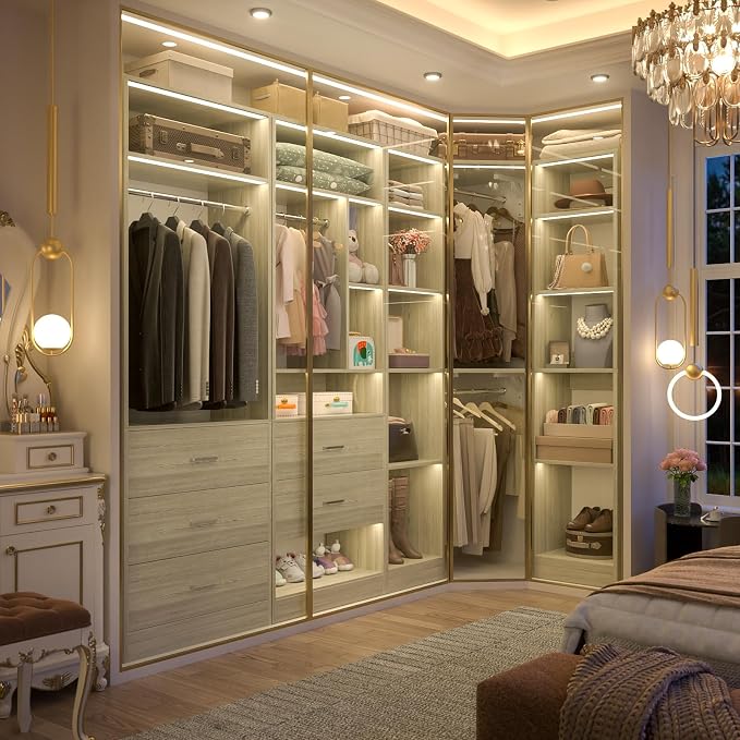 Besiost Corner Closet System with 5 Drawers, Closet Organizer System with 15+Shelvess & 4 Hanging Rods, 63.2"L * 63.2"W / 87.2"L * 39.2"W Reversible L Shaped Walk-in Closets, Load 2500+LBS, White Oak