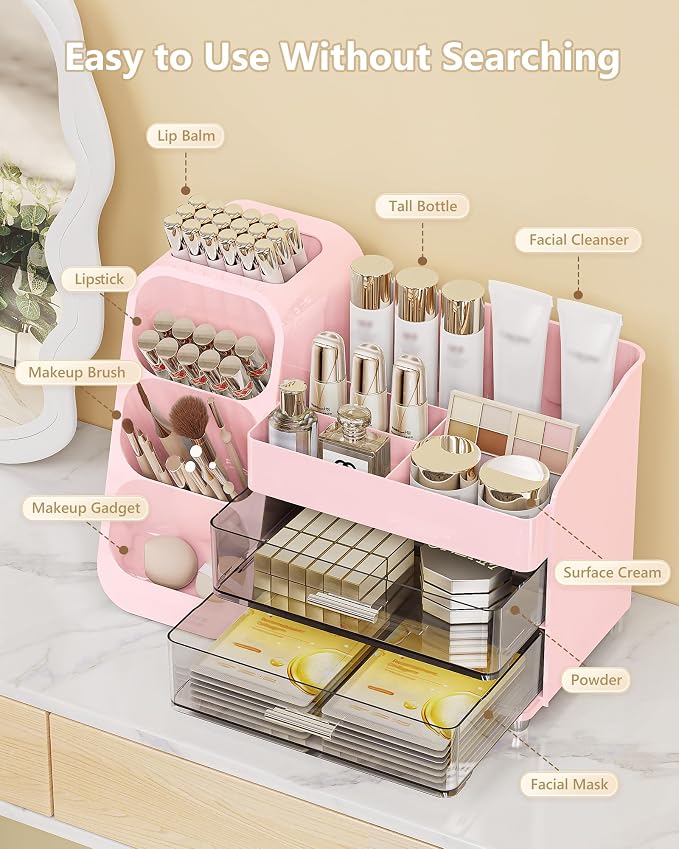 Anylady Large Capacity Makeup Organizer Countertop with Makeup Brush Holder for Vanity, Thickened Material, Bathroom Countertop Organizer Skin Care Perfumes Storage, Teen Girl Gifts for 13-25 Year