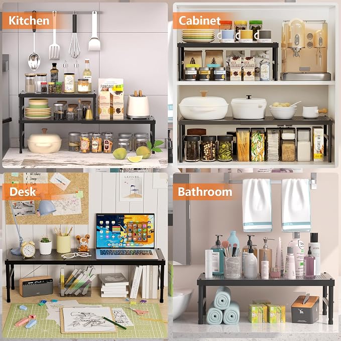 HI NINGER Expandable adjustable stackable kitchen organizer,Spice Racks,Counter Shelf for Cabinets,Small Cupboard Organizers,Heavy Duty Metal Pantry Storage Shelves Racks for kitchen,cabinet