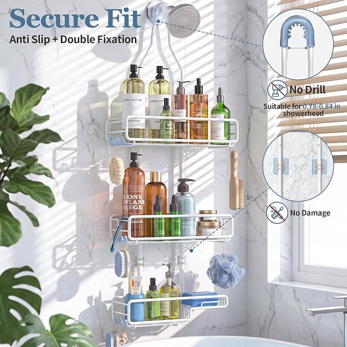 Skyapex Shower Caddy Hanging Bathroom Organizer: Over Head Adjustable Rack for Tall Showerhead - Extra Large Storage Shelf for Big Shampoo Bottles with Soap Holder (White)
