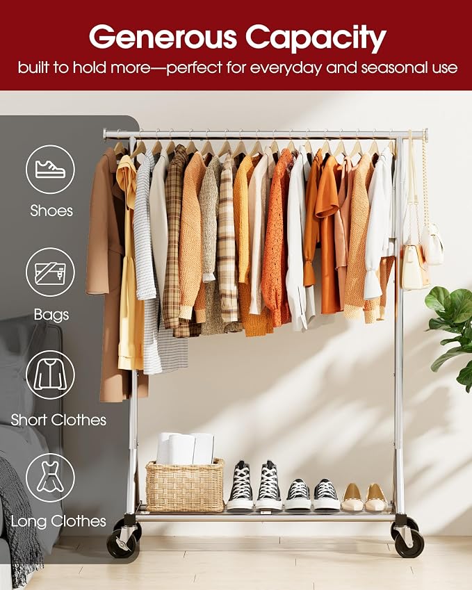 Sakugi Heavy Duty Stainless Steel Rolling Clothes Rack with Mesh Shelf, Lockable Wheels & Anti-Slip Stoppers, Large Capacity Clothing Organizer for Bedroom, Laundry Room, 42.5" x 16.5" x 65.9", Silver