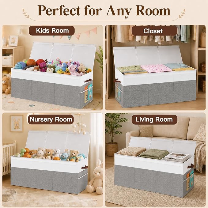 150L Extra Large Toy Storage Box with Lid for Boys Girls Nursery Playroom | Collapsible with Lid, Removable Divider, 40"x14"x16", Side Pockets, For Nursery, Living Room, Playroom