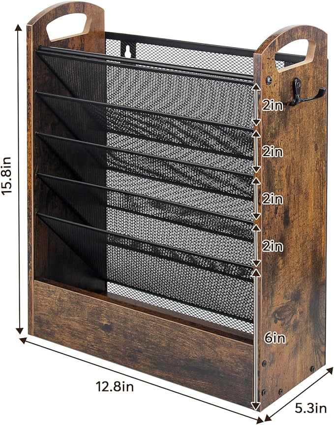 EHWINE Wall File Organizer, 6 Tier Hanging Wall File Organizer with Bottom Tray, Mail Organizer Wall Mount, Wooden Desk Organizer for Office or Home