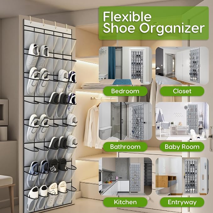 Over the Door Shoe Organizer with 40 Large Breathable Mesh Pockets, Space Saving Shoe Holder, Hanging Shoe Rack for Entryway Bedroom Closet Storage (Grey, 80 Pockets)