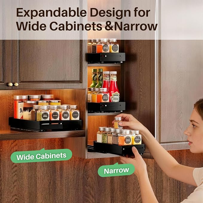 SNTD Pull Out Spice Rack Organizer for Inside Cabinets, Expandable,1-Pack | Adjustable Width 4.1" to 7.2", Smooth Ball Bearing Slides, No Drill Mounting, Fits 10" Deep Upper Cabinets